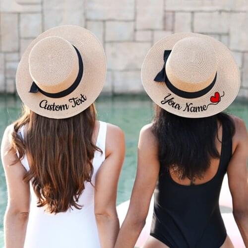 Customize Beach Hat With Embroidery Name Text Logo Summer Sun Hat Panama Straw Hats For Womens Black Bow Bridal Bridesmaid