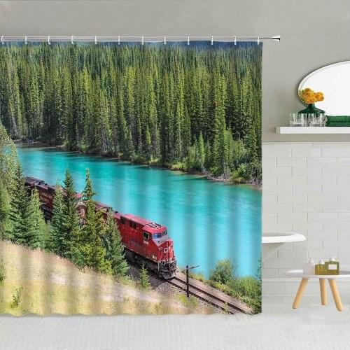 Natural Scenery Shower Curtain The Train Road Through The Forest Bathroom Decor Bath Screen Waterproof Fabric Hooks Curtains Set