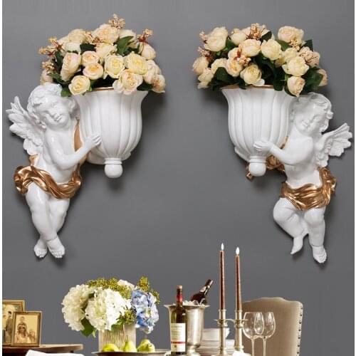 Modern 3D Resin Wall Hanging Angel Vase+Artificial Flower Crafts Decoration Home Livingroom Sofa Wall Sticker Mural Ornaments