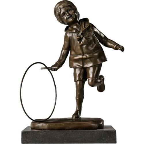 Modern Girl Playing Hoop Sculpture Child Brass Statue Bronze & Green Vintage Kid Figurine Artwork Children Room Decor Gifts