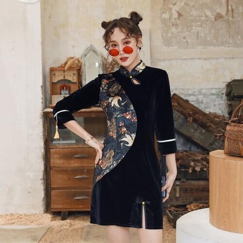 SWEETXUE 2021 Chinese Style Improved Cheongsam Dress Modern Slim Sexy Black Velvet Chic Mini Dress