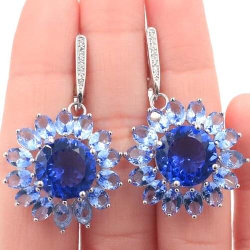 42x26mm Gorgeous 11g Round Violet Tanzanite Dark London Blue Topaz White CZ Engagement 925 Solid Sterling Silver Earrings