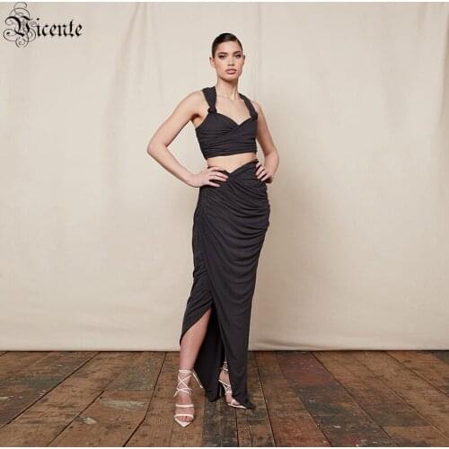 VC Two-piece Draped Design Lace-up Cross-knotted Design V-neck Cropped Top Long Skirt For Women