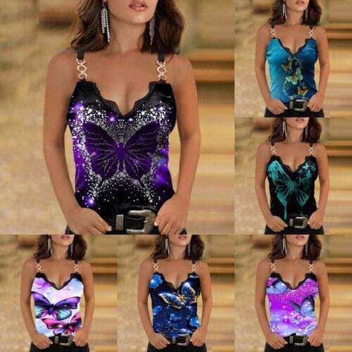 Summer New Lace Decoration V-neck Printed Camisole T-shirt Womens Casual Sleeveless Top Fashion Sexy Clothing