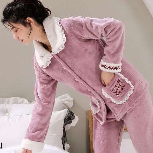 Womens Lace Pajamas Sexy Sleepwear Set Women Embroidery Pajama Set Long Shirt Pant Hot Warm Flannel Winter Homewear Big Size