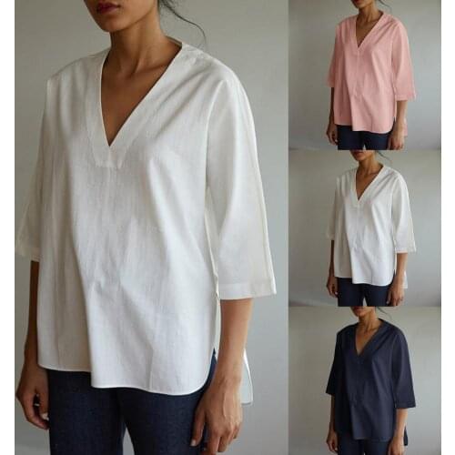 2021 New Women Blouse Solid Color V Neck Autumn Winter Half Sleeve Split Top Shirt for Party