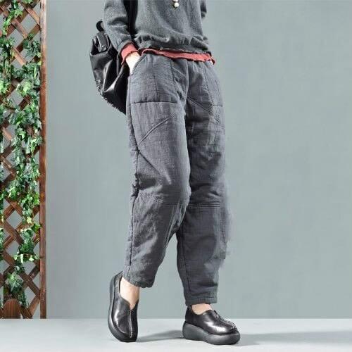 Women Autumn Winter Casual Striped Harem Pants Female Elastic Waist Cotton Linen Trousers Ladies Loose Thick Warm Pants C35