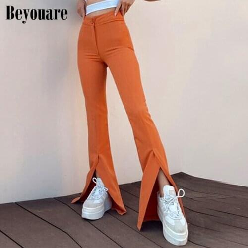 Beyouare Flare Pants Women Casual Solid Split High Waist Trousers Office Lady Elastic Waist Pants Bottoms Autumn 2021 Streetwear