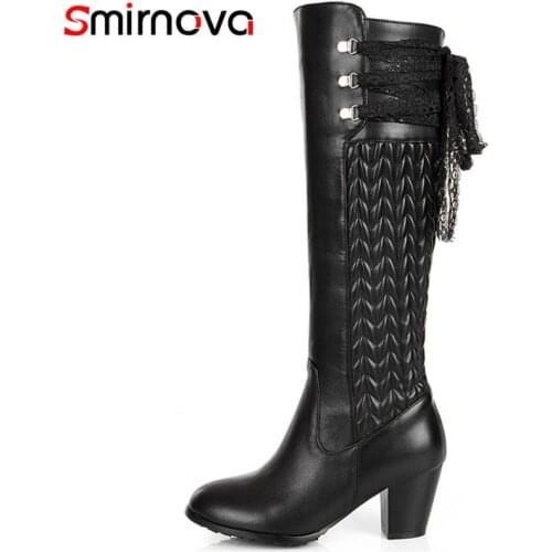 Smirnova BIG SIZE 30-45 2018 HOT fashion sewing genuine leather+PU boots round toe knee high boots for women zip winter boots