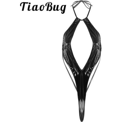 Womens Erotic Patent Leather Bodysuit Hollow Out Glossy Bodycon Catsuit Halter Lace-Up Backless Sexy Leotard Pole Dance Costume