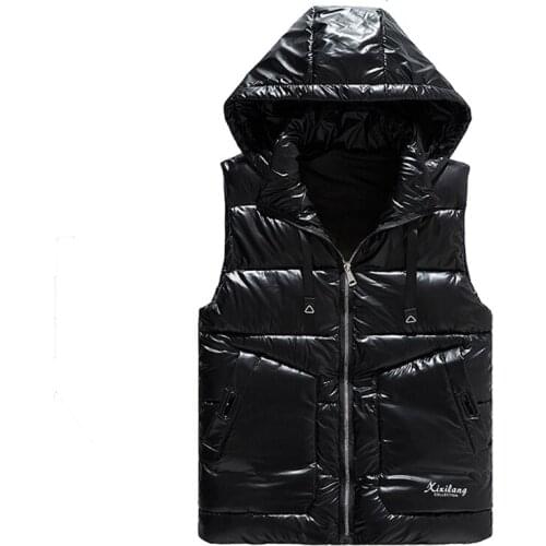 New Glossy Vest Men Winter Sleeveless Jackets Silver Casual Solid Thick Warm Vests Hooded Coats Male Waistcoat Jackets 5XL