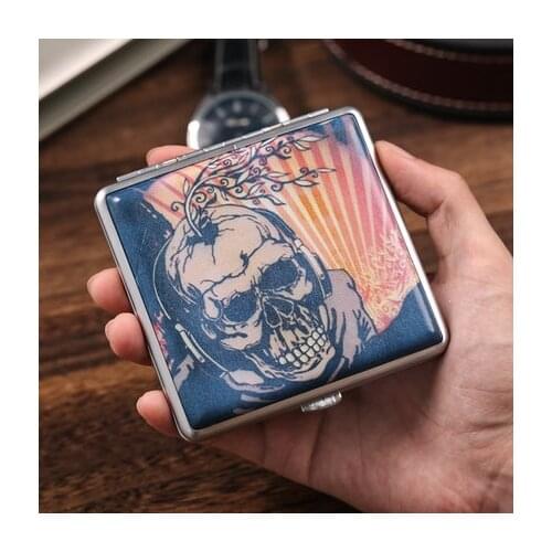 Holder 20pcs Creative Skull Listen to Music Pattern Cigarette Case Cool Design Leather stainless steel portable Gadget Gifts