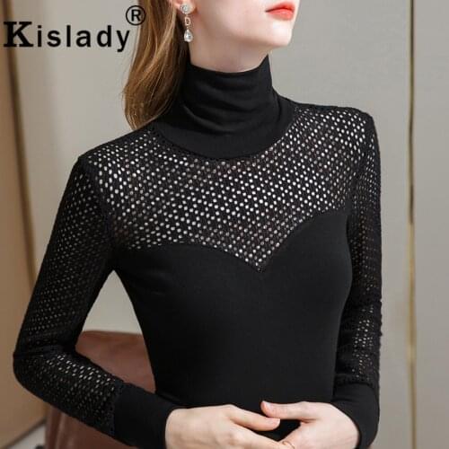 2020 Kislady Turtleneck Long Sleeve Solid Women Shirts Winter Sexy Hollow Out Gothic Tops Shirt Korean OL Vintage Slim Clothes