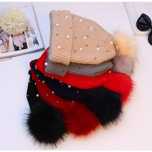 2021 Fashion Pearl Fur Pom Warm Knitted Winter Hats For Women Skullies Beanie Hat Winter Bonnet Femme Caps gorros invierno
