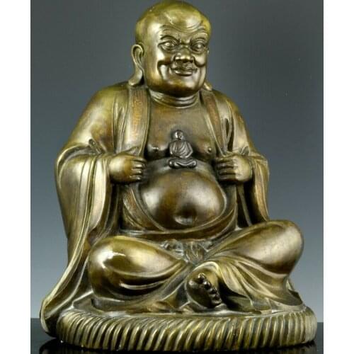 LARGE ANTIQUE CHINESE SHISOU BRONZE SILVER INLAID BUDDHA FIGURE MING SEAL MARK