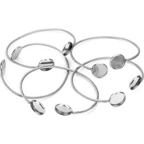 2pcs/lot Stainless Steel 12mm Round Blank Bangle Tray Bezel Adjustable Open Cuff Bracelet Cabochon Base Setting Findings