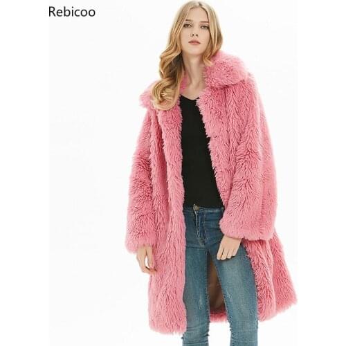 Colorful Winter Warm Long Faux Fur Coat Lapel Loose Fluffy Fake Fur Jacket Korean Vintage Pink Black Plush Coats