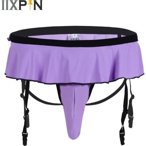 Men Ruffled Sheer Lingerie Sissy Panties Bikini Underwear Underpants with Bulge Pouch Garters Sexy G-string Thongs Gay Wear