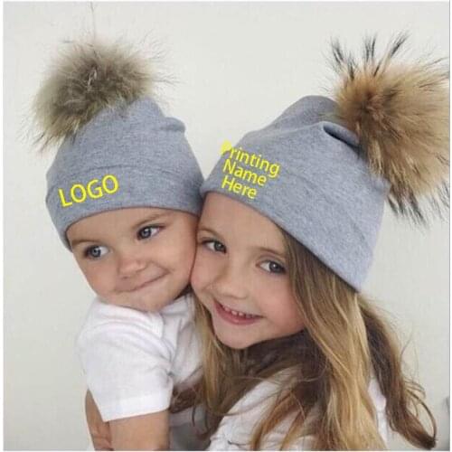 Double-layer Cotton Clothes Beanies Winter Kids Cap Pom pom beanie Custom logo Print Child Name Baby Warm Hat Knitted Cap Girl
