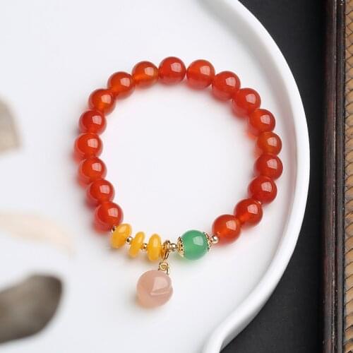 Ethnic Pink Peach Pendant 8mm Natural Red/Green Agate Beaded Strand Bracelets for Women 14K Gold Filled Fine Jewelry YBR602