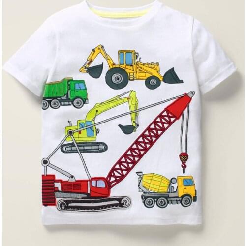 Little Maven New Summer Children White Excavator Crane Printed O-neck Short- sleeved Cotton Knitted Boys Casual Tshirts Tops