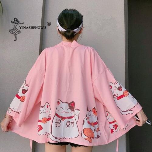Japanese Lucky Cat Print Kimono Cardigan Female Loose Shirt Tops Beach Casual Coat Yukata Women Kimonos Cosplay Asian Clothings