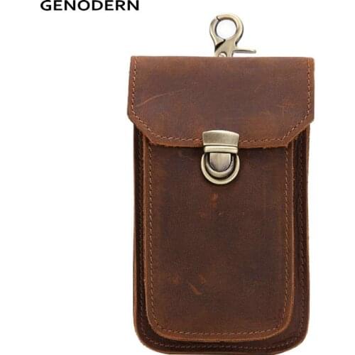 GENODERN Genuine Leather Mens Waist Bag With Belt Hook Slim Hip Bum Bag Travel Fanny Pack Functional Mobile Phone Pouch