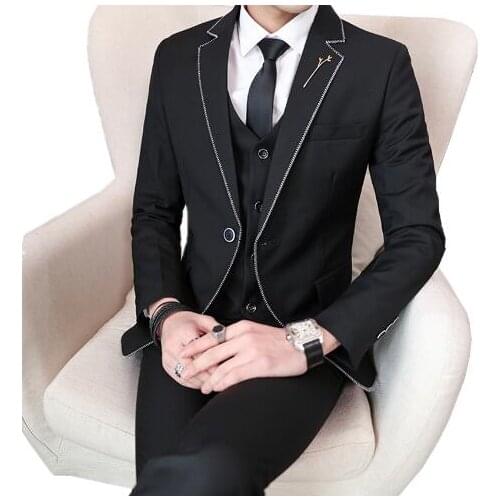 Hot Sales Korean Solid Color Slim Fit Mens Suits 3 Pcs Jacket+Pant+Vest Casual Suits Smart Suit Mens Suits Youth Jacket