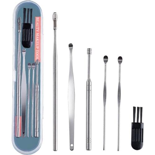 Newly Earwax Removal Cleaner Tool Kit 6-Piece Earplug Kit with Storage Box Stainless Steel Spiral Ear Curette Set 19ing