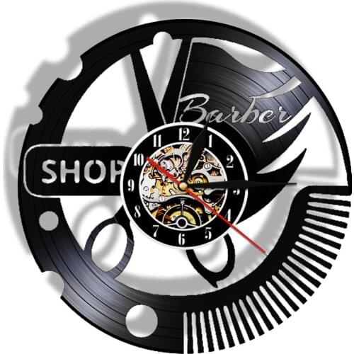 Barber Shop Wall Clock Made of Vinyl Record Fashion Styling Hanging Modern Design Hairdresser Watch Salon Beauty LED Home Decor