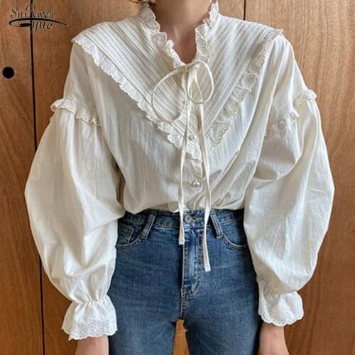 2021 New Loose Clothing Solid Long Lantern Sleeve Women Blouse Korean Style Cotton Vintage Elegant Tops Women Shirt Blusas 9580
