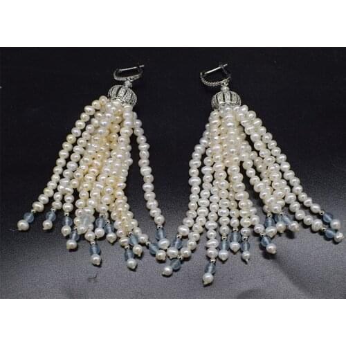 One pair freshwater pearl white baroque and blue jade earrings zircon wholesale beads FPPJ nature