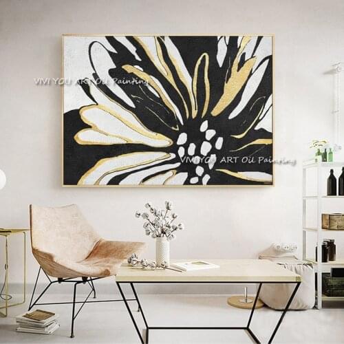 Hand Painted Gold Black Flower Oil Painting on Canvas art Modern painting Large Size Painting for Living Room Home Decoration