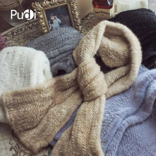 SCM052-1 Womens Winter Long Scarf Real Mink Fur Knitted Knit Scarves Wraps Russia Warm Genuine Fur Scarf