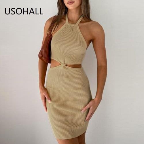 USOHALL Summer Hollow Out Bodycon Dress Women Halter Neck Backless Sexy Dresses