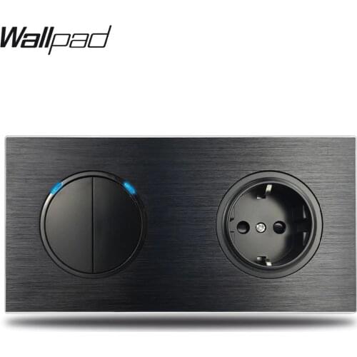 Wallpad L6 Black Aluminum 2 Gang Switch with EU Wall Electrical Power Socket Double Frame Dual Plate, 172 * 86 mm