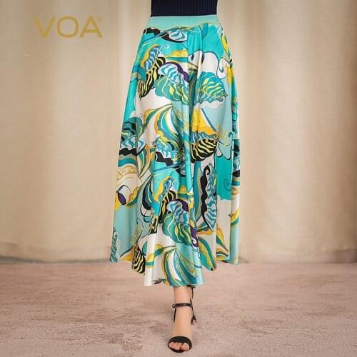 VOA Silk 28m/m Rice Satin Blue Background Yellow Flower Natural Pleat Asymmetric Woman Skirts C681 Faldas Mujer Moda 2020