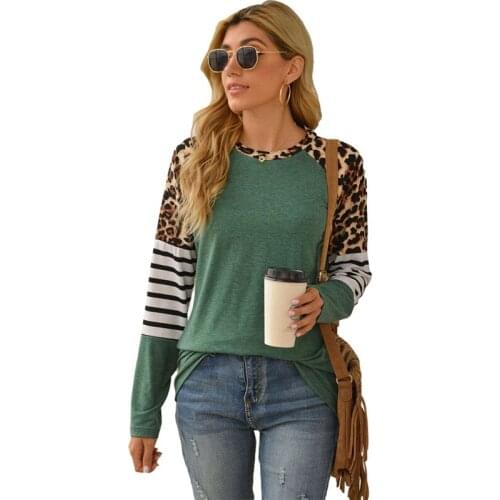 Women Fashion Leopard Stripe Patchwork Loose Long Sleeve Female Lady Clothing T-shirt Tops