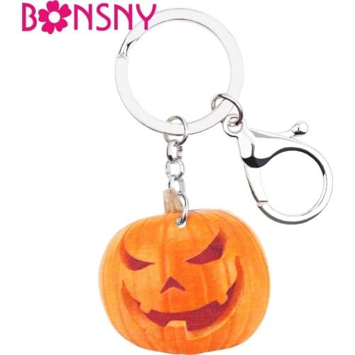 Bonsny Acrylic Halloween Smile Pumpkin Key Chains Keychains Holder Cartoon Vegetables Jewelry For Women Girls Bag Charms Gift