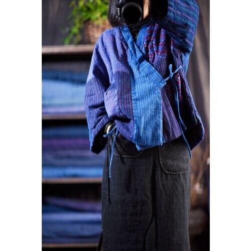 Women Loose Patchwork Jacquard Short Parkas Ladies Vintage Spliced Linen Coat Outerwear Female Winter Coat Parkas