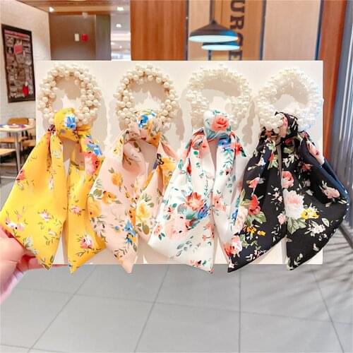 Women Pearl Hair Ties Fashion Ribbon Hairband Scrunchies Girls Ponytail Holders Bow Rubber Band Hair Accessories Headwear