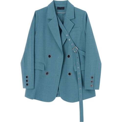 2020 Autumn Winter Womens Blazers Coat Double Breasted Long Sleeves Loose Casual Streetwear Pockets Female Outerwear Tops