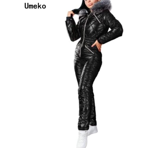 2021 Warm Winter Womens Hooded Jumpsuits Parka Cotton Padded Warm Sashes Ski Suit Straight Zipper One Piece Casual Tracksuits