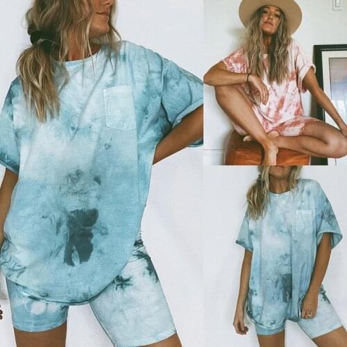 Womens Tie-dye Printing Two-piece Sets Loose Short-sleeved Round Neck T-shirt Ladies Casual Shorts Suit