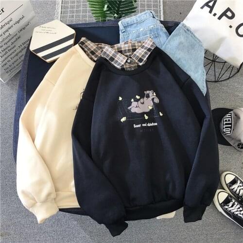 Zoki Women Sweatshirt Pullover Patchwork Plaid Turn Down Collar Long Sleeve Thin Sweatshirt Cute Cartoons Print Oversize Tops