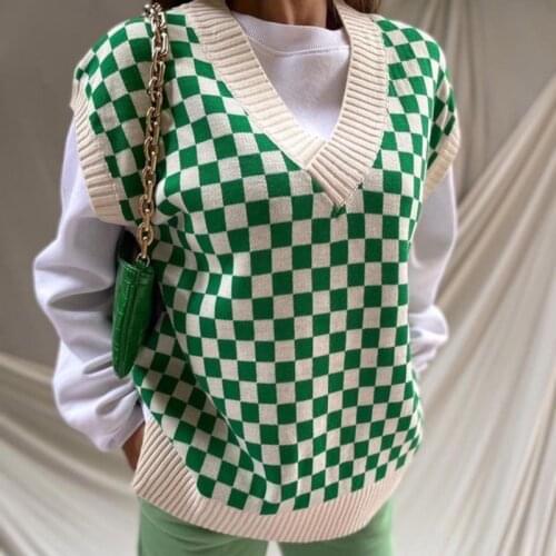 Tossy Casual Argyle Womens Vest Knitted Sleeveless Sweater Top For Women 2021 Autumn New V-Neck Pullover Vest Y2k Knitwear