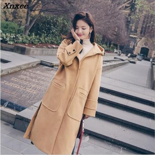 Women long woollen coat loose hooded long sleeve overcoat female autumn winter trench coats casual fashion outwear Xnxee