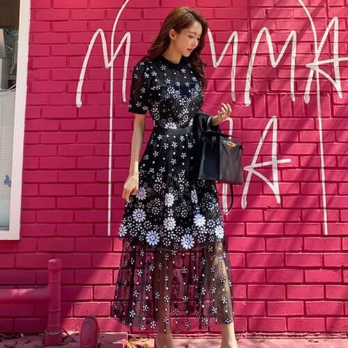 Runway Designer Women Summer 2021 Sequins Embroidery Short Sleeve Sexy Black Mesh Midi Dress Dresses Fashion Female Vestidos