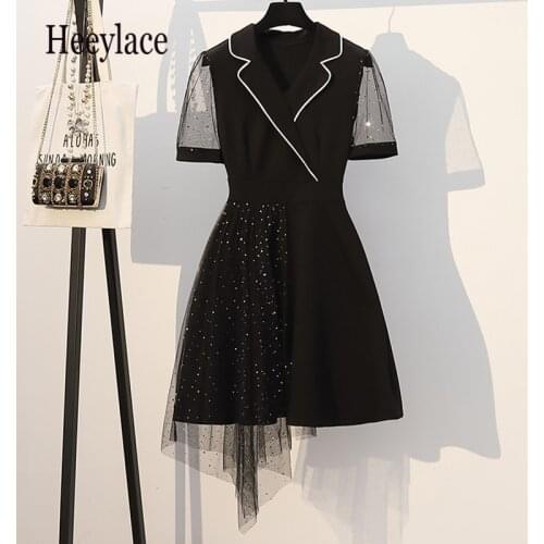 Plus Size Women Sequined Dress Summer 2020 Fashion Notched Collar Short Sleeve Patchwork Mesh Asymmetric office ladies Dresses