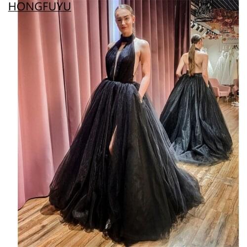 HONGFUYU Sexy Backless Halter Black Evening Dresses Long 2021 Tulle Ball Gown Side Split robe de soirée Prom Dress for Women